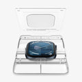 AFL08579 - Apple Watch 10 (46mm) EliteShield EZ Fit in Clear showing the bottom of the tray with screen protector attached, partially hovering above the watch face on a tray holder