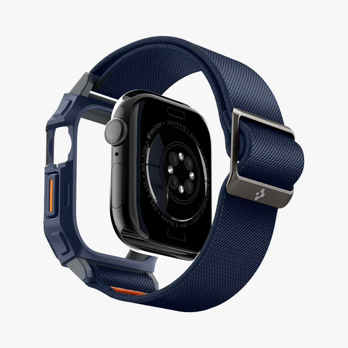ACS08925 - Apple Watch 10 (46mm) Case Lite Fit Pro in Navy Blue showing the back of the watch face hovering under the watch case showing inner side and bottom back