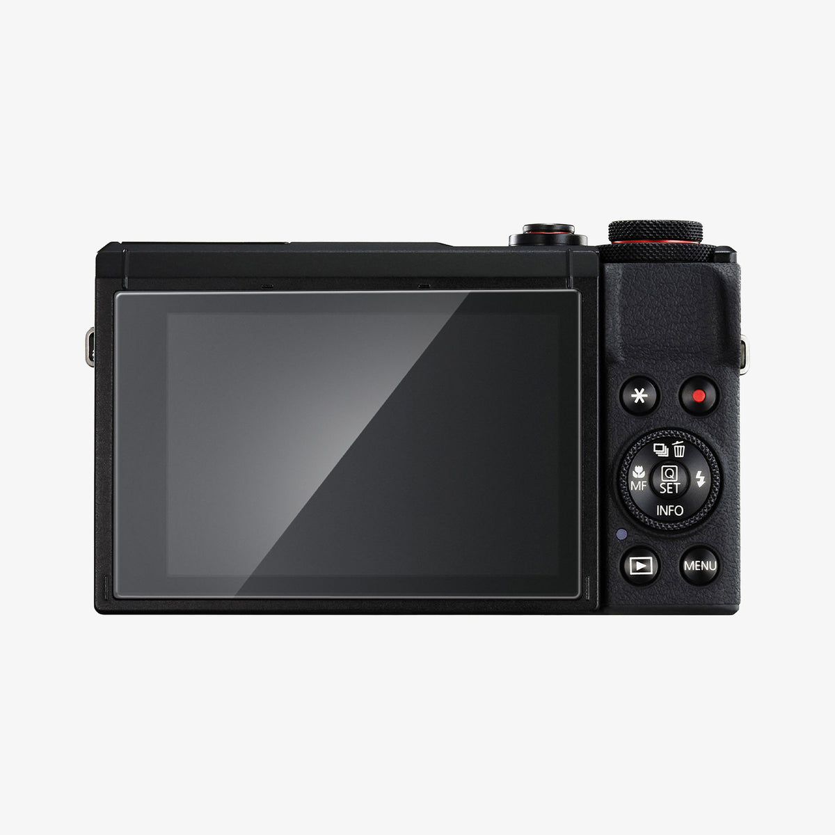 AGL11652 - PowerShot G7 X Mark III Glas.tR SLIM showing rear view of Canon PowerShot G7 X Mark III with Spigen Glas.tR Slim    screen protector applied over tilting LCD touchscreen and control buttons