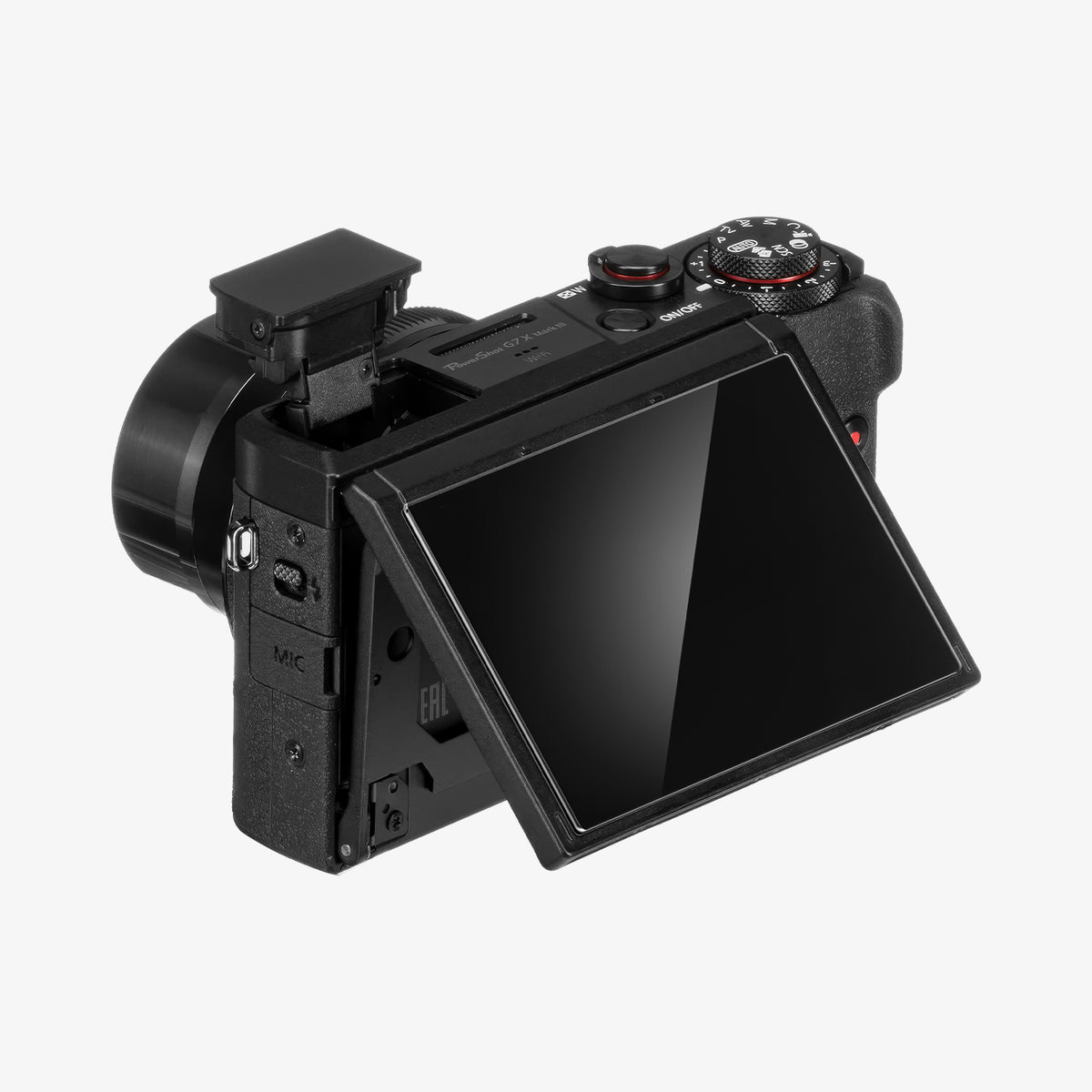 AGL11652 - PowerShot G7 X Mark III Glas.tR SLIM showing side profile of Canon PowerShot G7 X Mark III with Spigen Glas.tR Slim    screen protector and downward-tilting LCD screen with MIC port and top controls visible