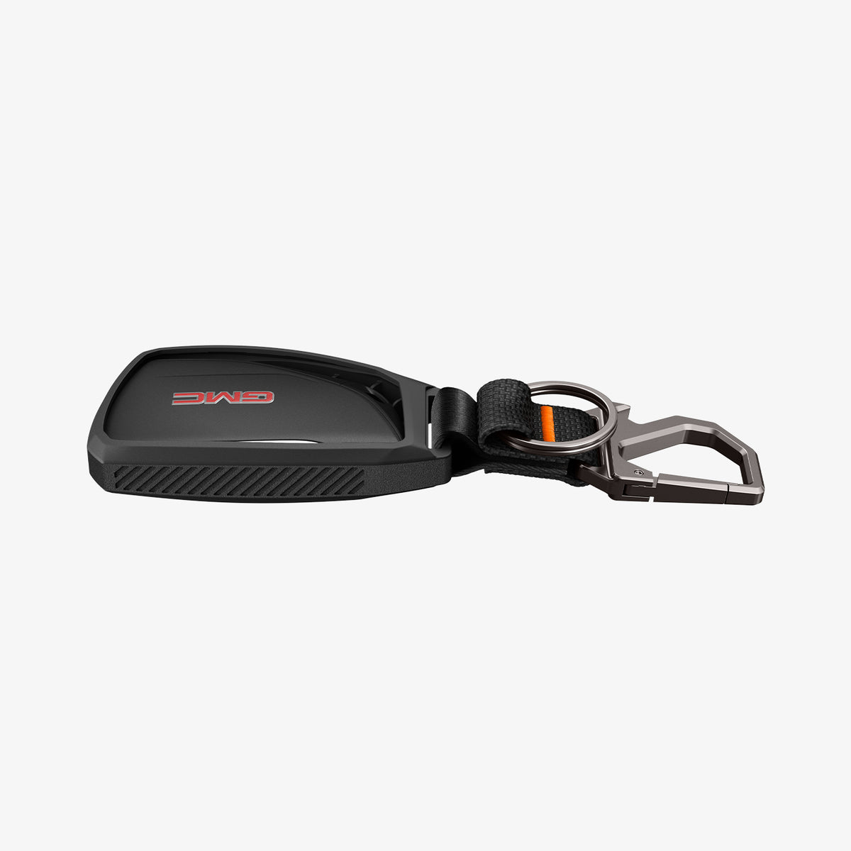 ACS11419 - Chevrolet & GMC Key Fob Cover | CK100 showing GMC key fob cover angled view with logo and carabiner keychain laid flat