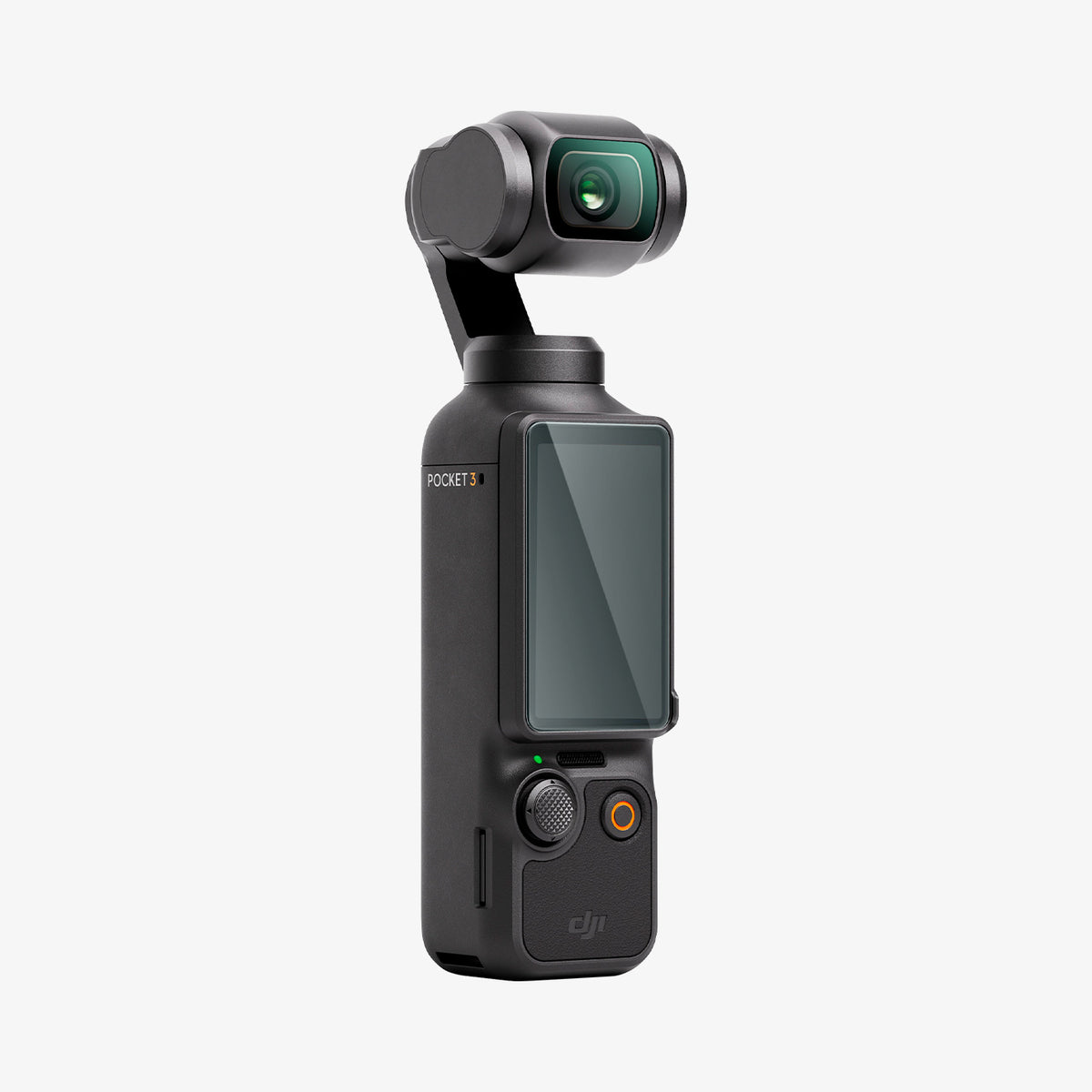 AGL07481 - DJI Osmo Pocket 3 Glas.tR SLIM in Clear showing the front, partial side with camera monitor positioned vertically facing the right side