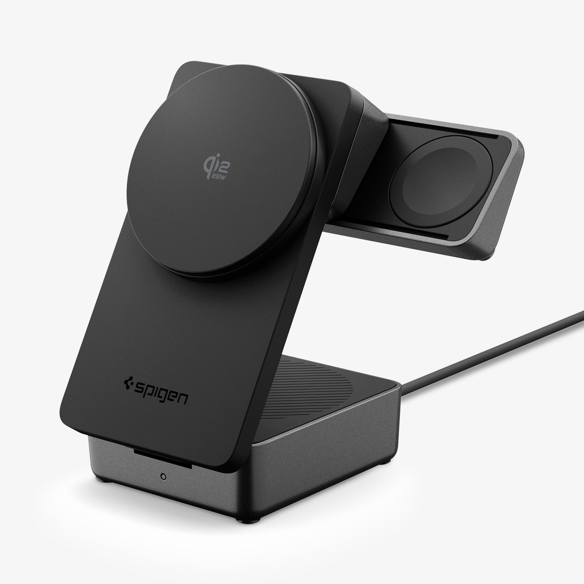 ACH10398 -  Spigen Qi2 3-in-1 Fast Wireless Charger showing extended watch charging arm
