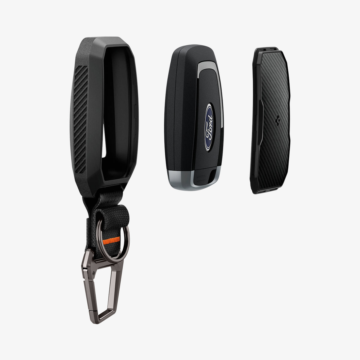 ACS09430 - Ford Key Fob Cover | FK100 in Matte Black showing the key fob and parts of the cover hovering in front