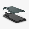 ACS08624 - Galaxy S24 FE Case Tough Armor (MagFit) in Abyss Green showing the outer back layer detached, hovering above the tpu backing of the case