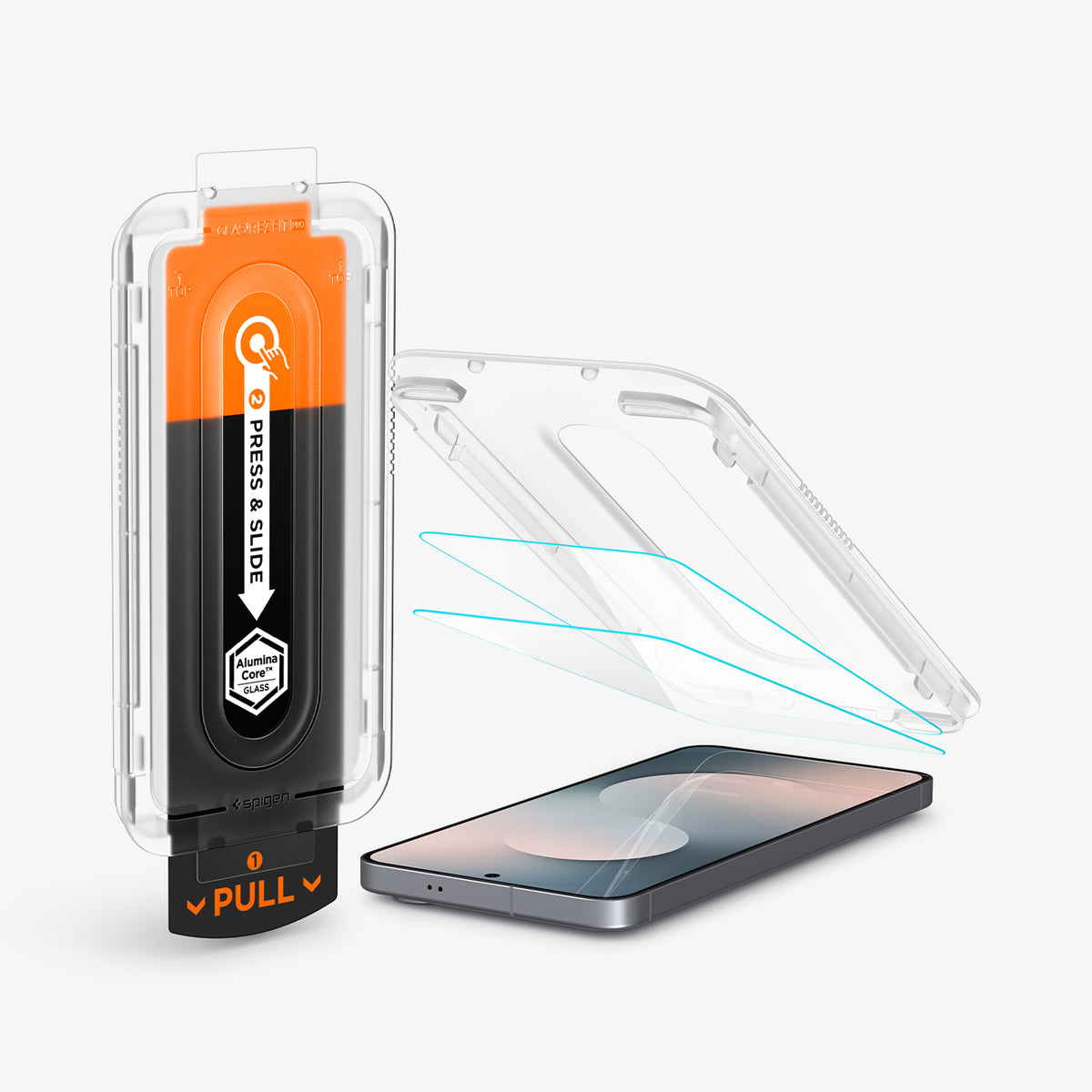 AGL10202 - Galaxy S25 FE GLAS.tR EZ Fit Pro showing the 2 screen protector  hovering above the device and the alignment tray