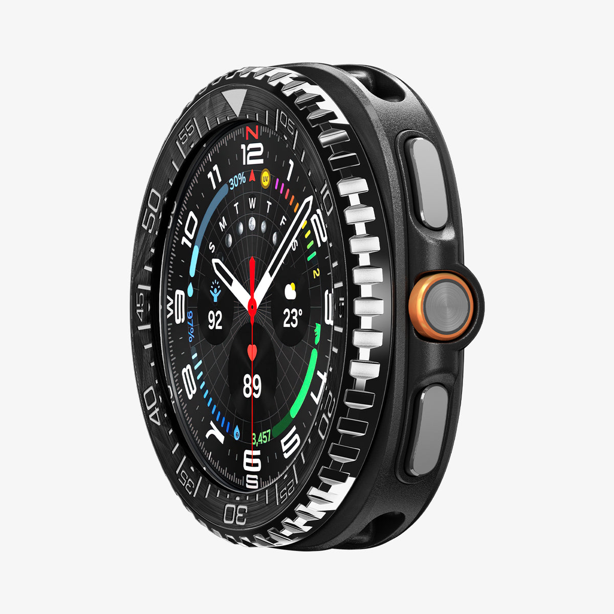 ACS10014 - Galaxy Watch 8 46mm Bezel Tune in black showing the front and side of watch face