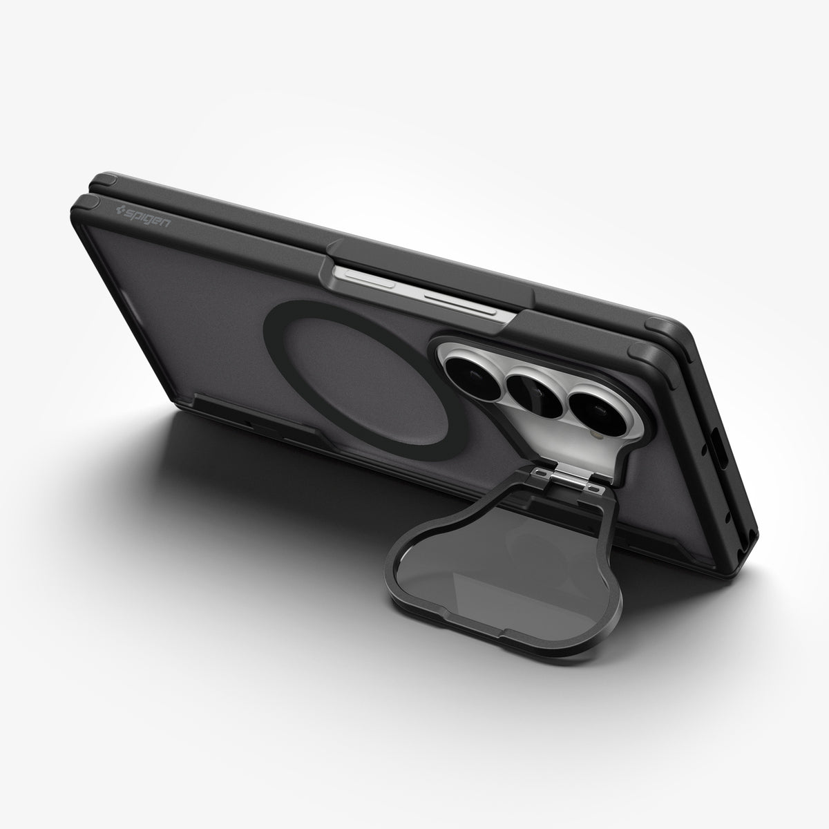 ACS11500 - Galaxy Z Fold 8 Series Optik Armor Pro (Mag Fit) showing Galaxy Z Fold 8 case propped up by kickstand strap, camera lenses, open hinge, and Spigen logo