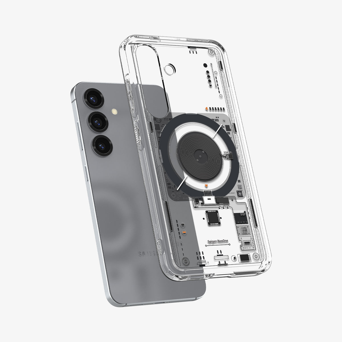 ACS09470 - Galaxy S25 Case Ultra Hybrid Metal Ring Neo One (MagFit) in Neo One showing the back, partial side and bottom hovering above the device