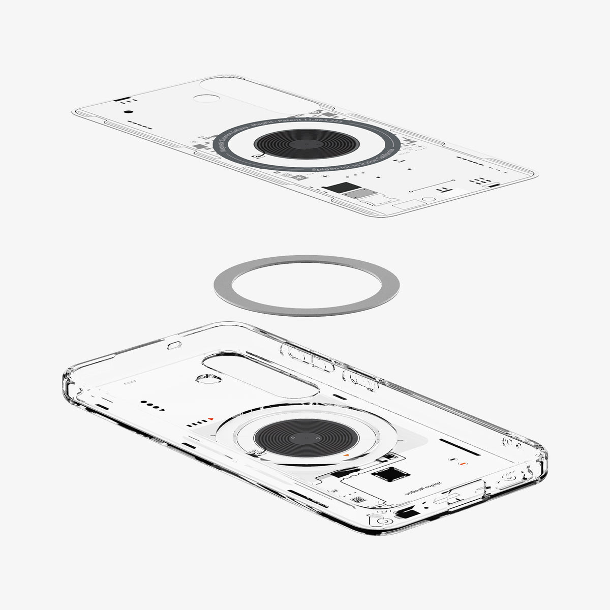 ACS09470 - Galaxy S25 Case Ultra Hybrid Metal Ring Neo One (MagFit) in Neo One showing the inner layer hovering above the detached magring and the case