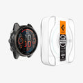 AGL09159 - Fenix 8 (43mm) Glas.tR EZ FIT in Clear showing the front, partial side of the alignment tray hovering in front of the watch face 