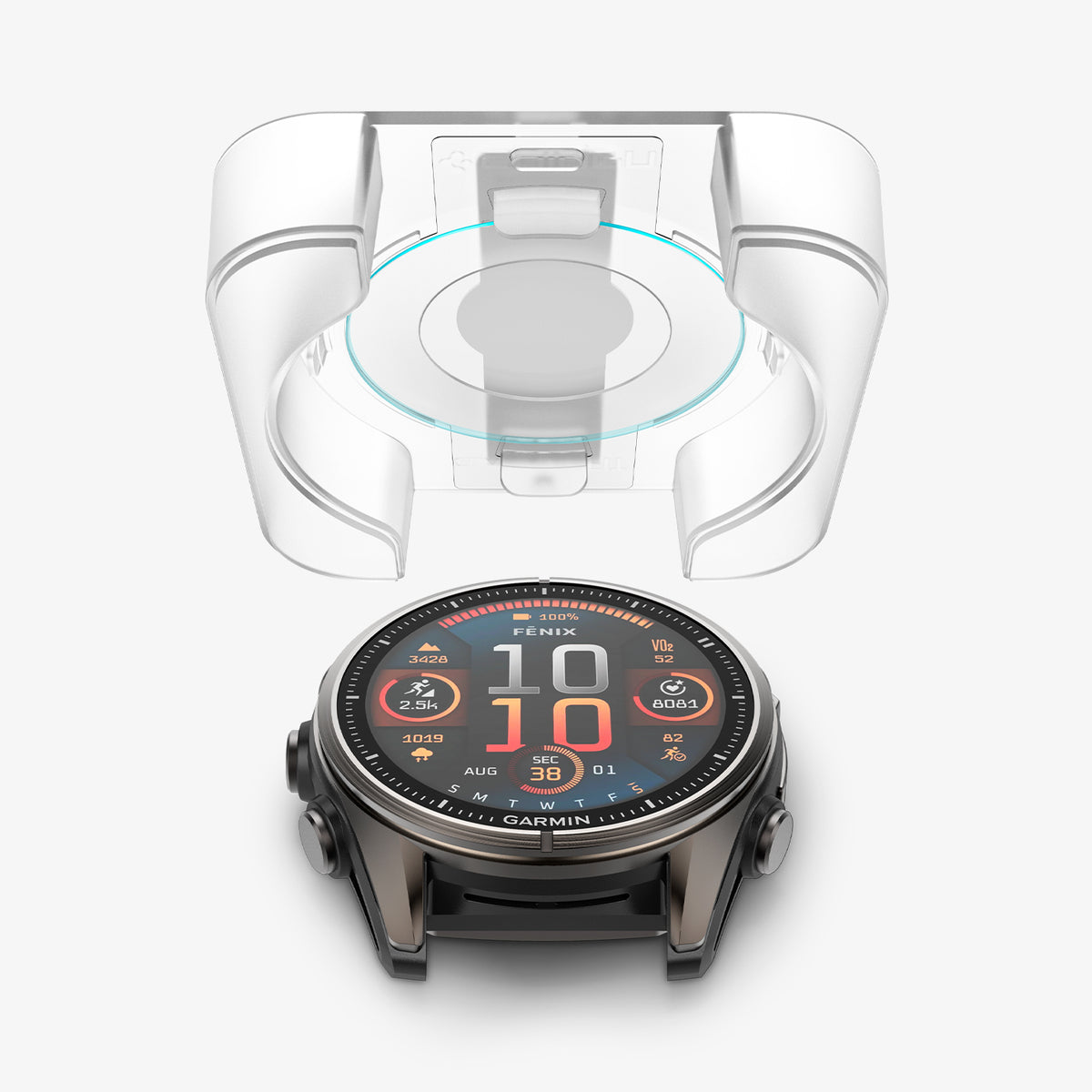 AGL09158 - Fenix 8 (47mm) Glas.tR EZ FIT in Clear showing the ez fit tray hovering above the watch face
