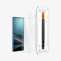AGL09078 - Galaxy S25 Ultra GLAS.tR EZ Fit in Clear showing the alignment tray hovering in front of the film strip, screen protector and the device