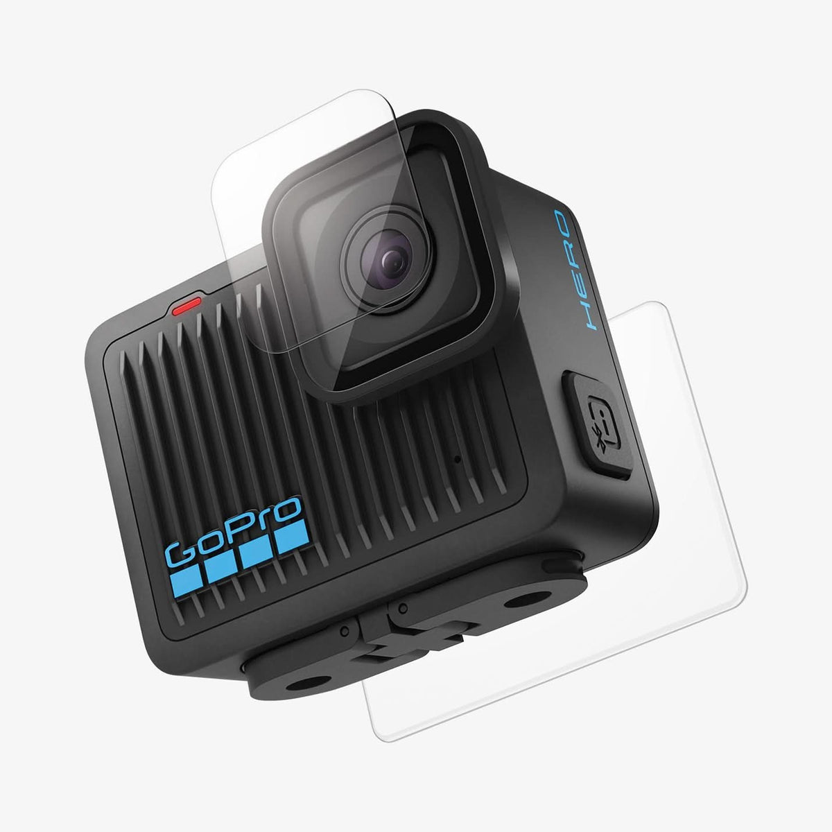 AGL09190 - HERO Glas.tR SLIM in Clear showing the lens screen protector hovering in from of the camera lens, showing the back, partial side and bottom of the device and partial screen protector hovering in the front