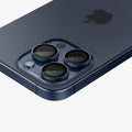 AGL07164 - iPhone 15 Pro / 15 Pro Max Optik Pro Lens Protector in blue titanium showing the back, side and top zoomed in on the camera lens