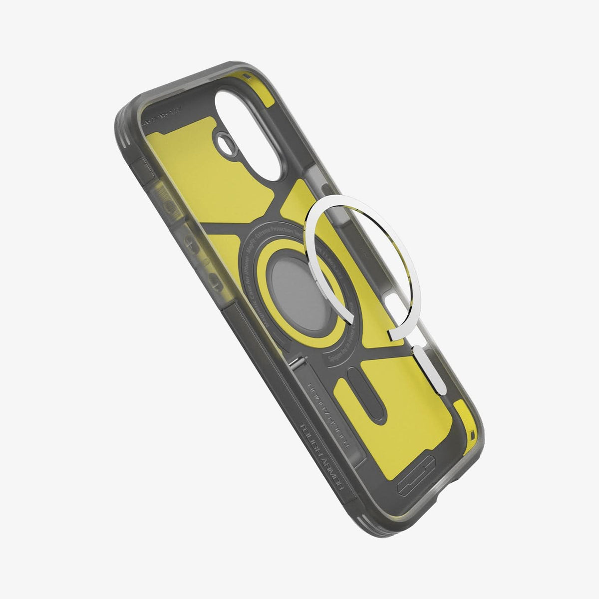 ACS08515 - iPhone 16 Case Tough Armor AI (MagFit) in Frost Black showing the metal ring plate hovering, detached from the case 