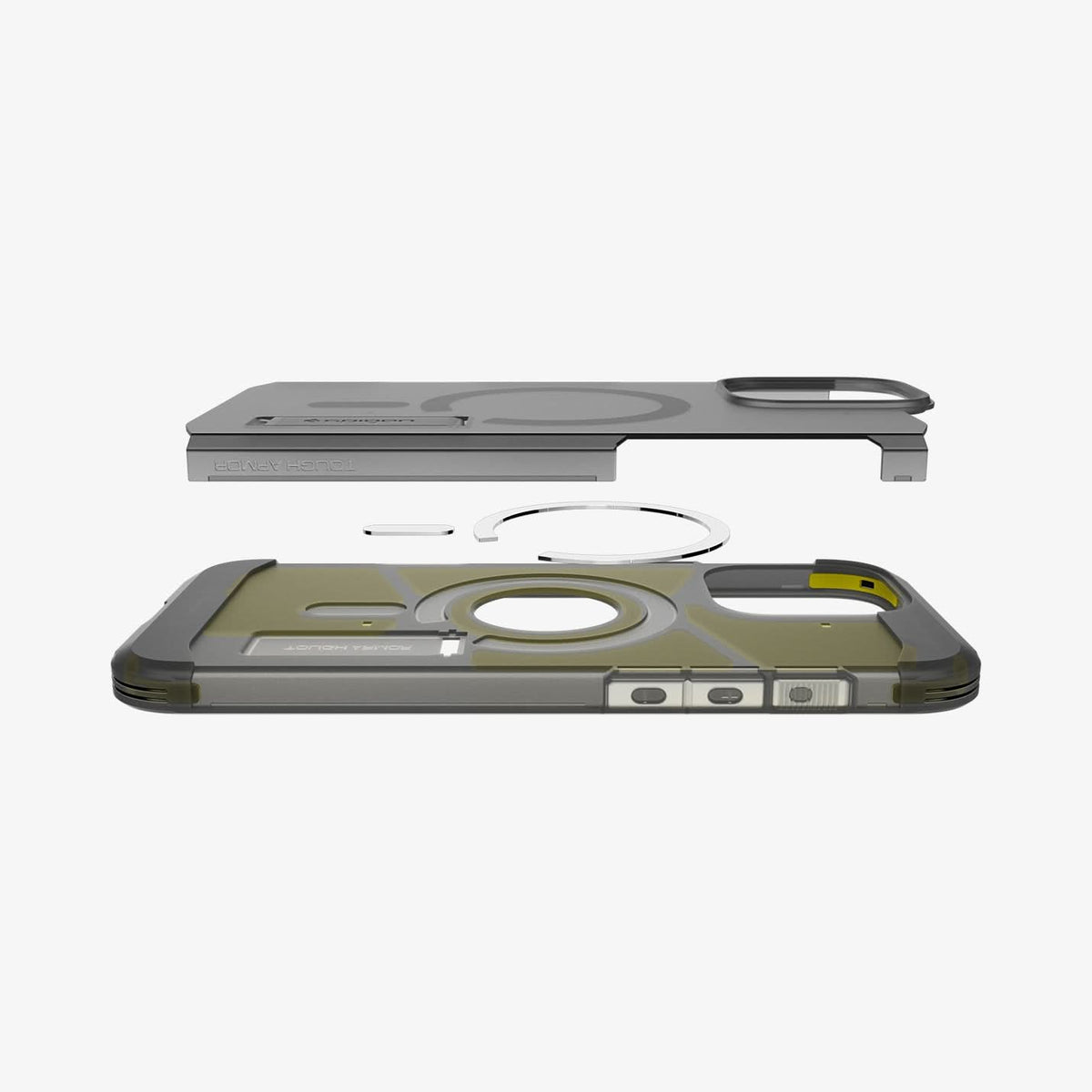 ACS08502 - iPhone 16 Pro Max Case Tough Armor AI (MagFit) in Frost Black showing the partial back layer detached hovering above the metal ring plate and back of the case