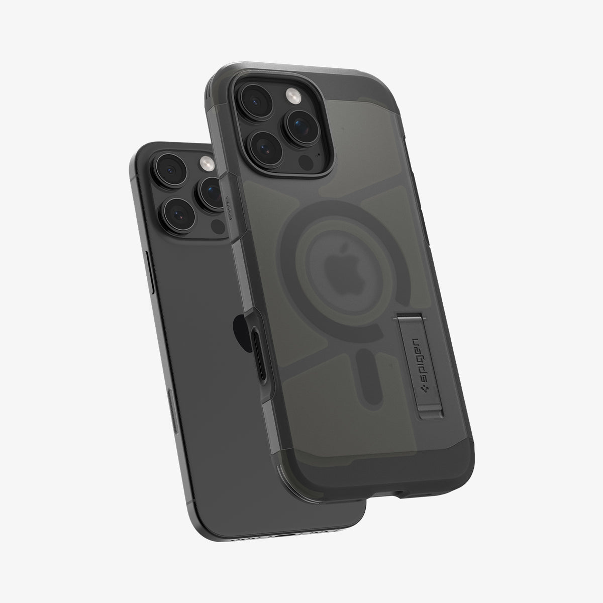 ACS09072 - iPhone 16 Pro Case Tough Armor T AI (MagFit) in Frost Black showing the back, partial side and bottom hovering in front of the device