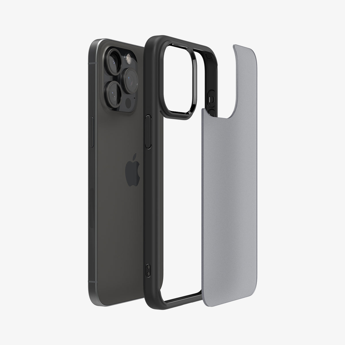 ACS06709  - iPhone 15 Pro Case Ultra Hybrid in frost black showing the back with multiple layers of case hovering away from device