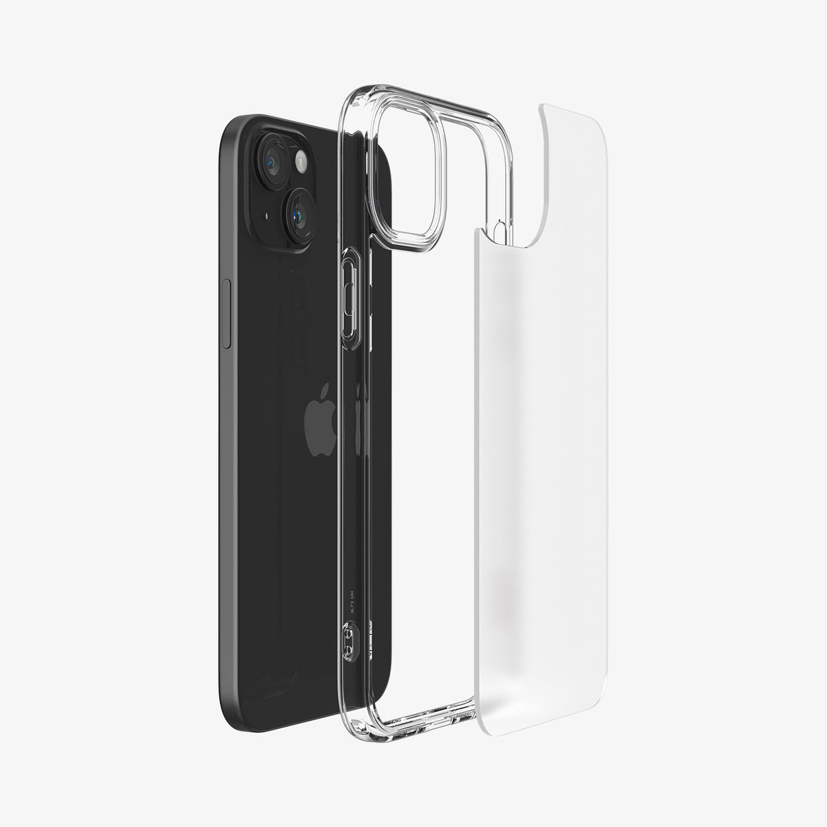ACS06655 - iPhone 15 Plus Case Ultra Hybrid in frost clear showing the back with multiple layers of case hovering away from device
