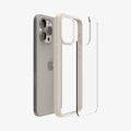 ACS07209 - iPhone 15 Pro Max Ultra Hybrid Case in Natural Titanium showing the back of glass case hovering the hard layer case frame and device