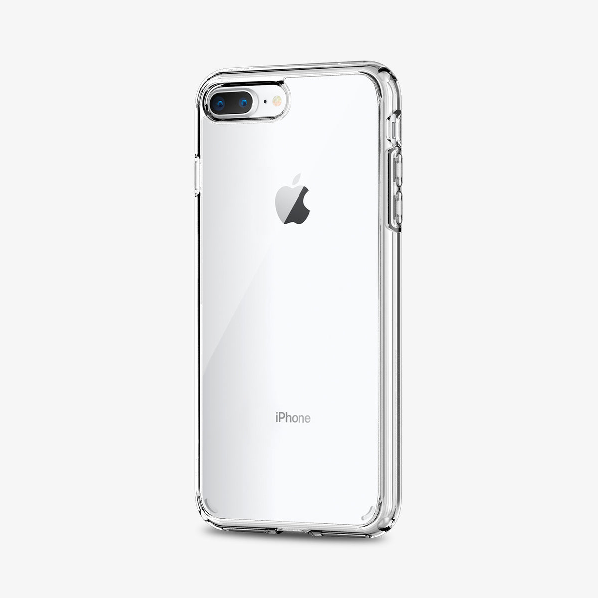 043CS21052 - iPhone 8 Plus Ultra Hybrid in Crystal Clear showing the back, showing partial side with side buttons