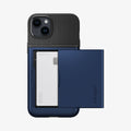 ACS04913 - iPhone 14 Plus Case Slim Armor CS in navy blue showing the back with card slot open and card in slot