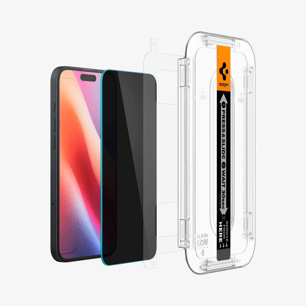 AGL06885 - iPhone 16 Plus GLAS.tR EZ Fit Privacy showing the installation tray hovering in front of a screen film screen, screen protector and the device