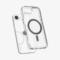 ACS09140 - iPhone 16e Case Ultra Hybrid (MagFit) in Carbon Fiber showing the back, partial side and bottom hovering in front of the device