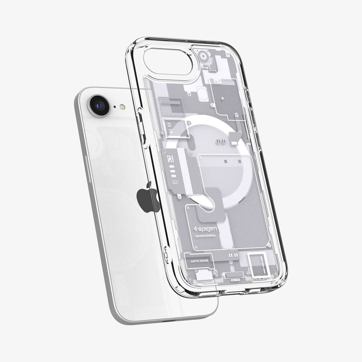 ACS09142 - iPhone 16e Case Ultra Hybrid Zero One (MagFit) in Zero One White showing the back and partial side hovering in front of the device