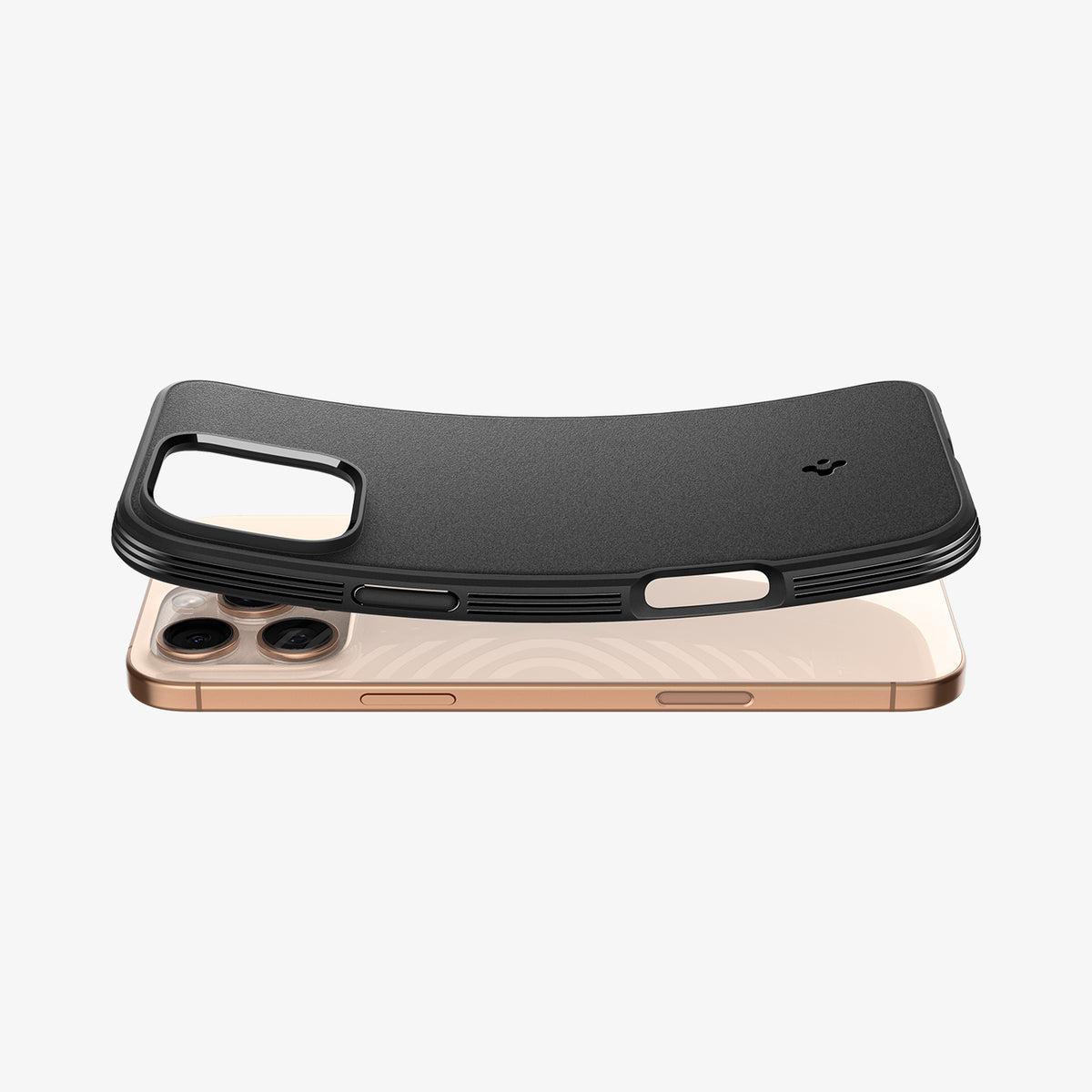 ACS08021 - iPhone 16 Pro Max Sand Blast in Matte Black showing the back and side with case bending away from the device