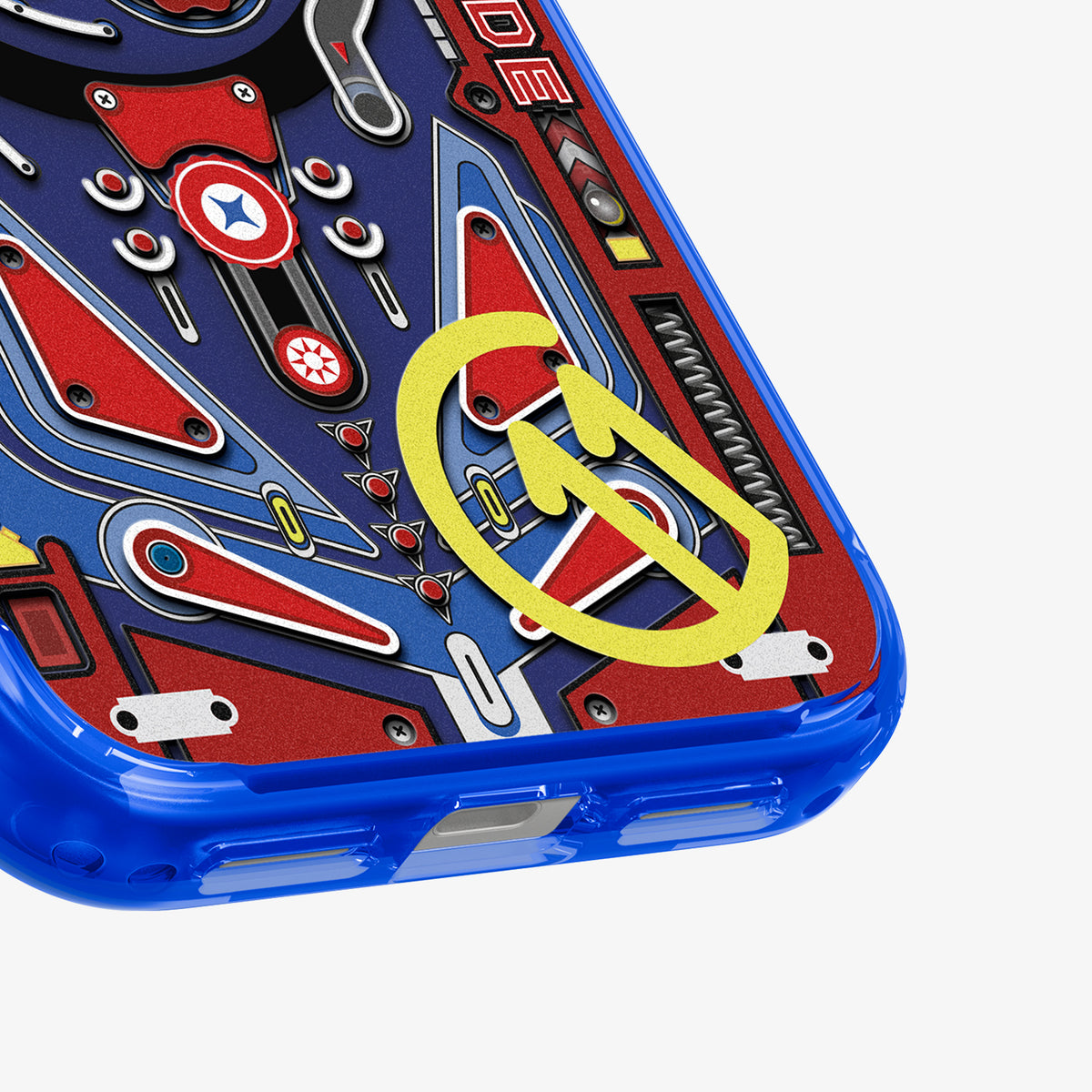 ACS11342 - iPhone 17 Pro Max Arcade case showing close-up of lower corner with pinball-inspired graphic details and transparent blue edge 