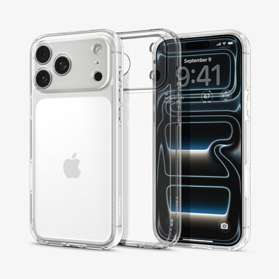 ACS10033 - iPhone 17 Pro Max Ultra Hybrid in Crystal Clear showing front and back of the device with case