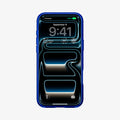 ACS11343 - iPhone 17 Pro Arcade case showing front view with screen on and transparent blue frame