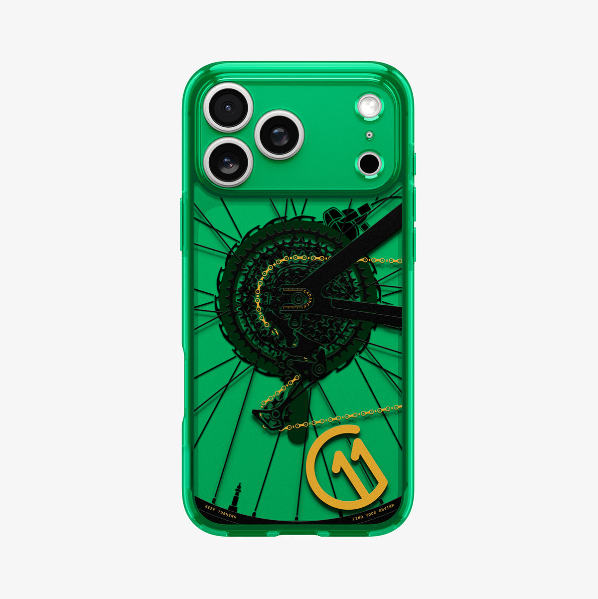 ACS11651 - Spigen Cadence C11 green iPhone 17 Pro case flat back view with bicycle gear and chain graphic