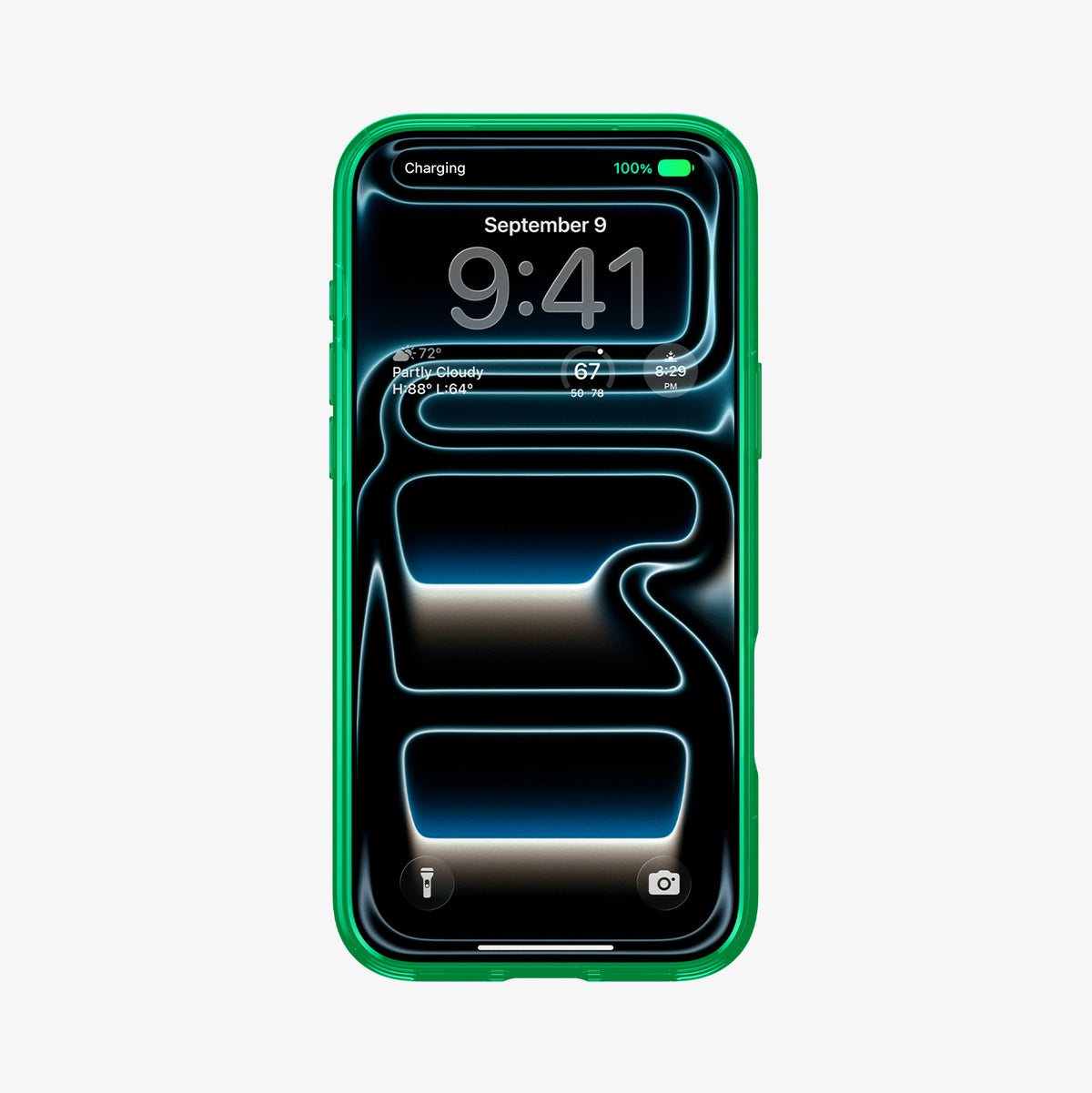 ACS11650 - Front view of iPhone 17 Pro Max in Spigen Cadence C11 green case showing lock screen