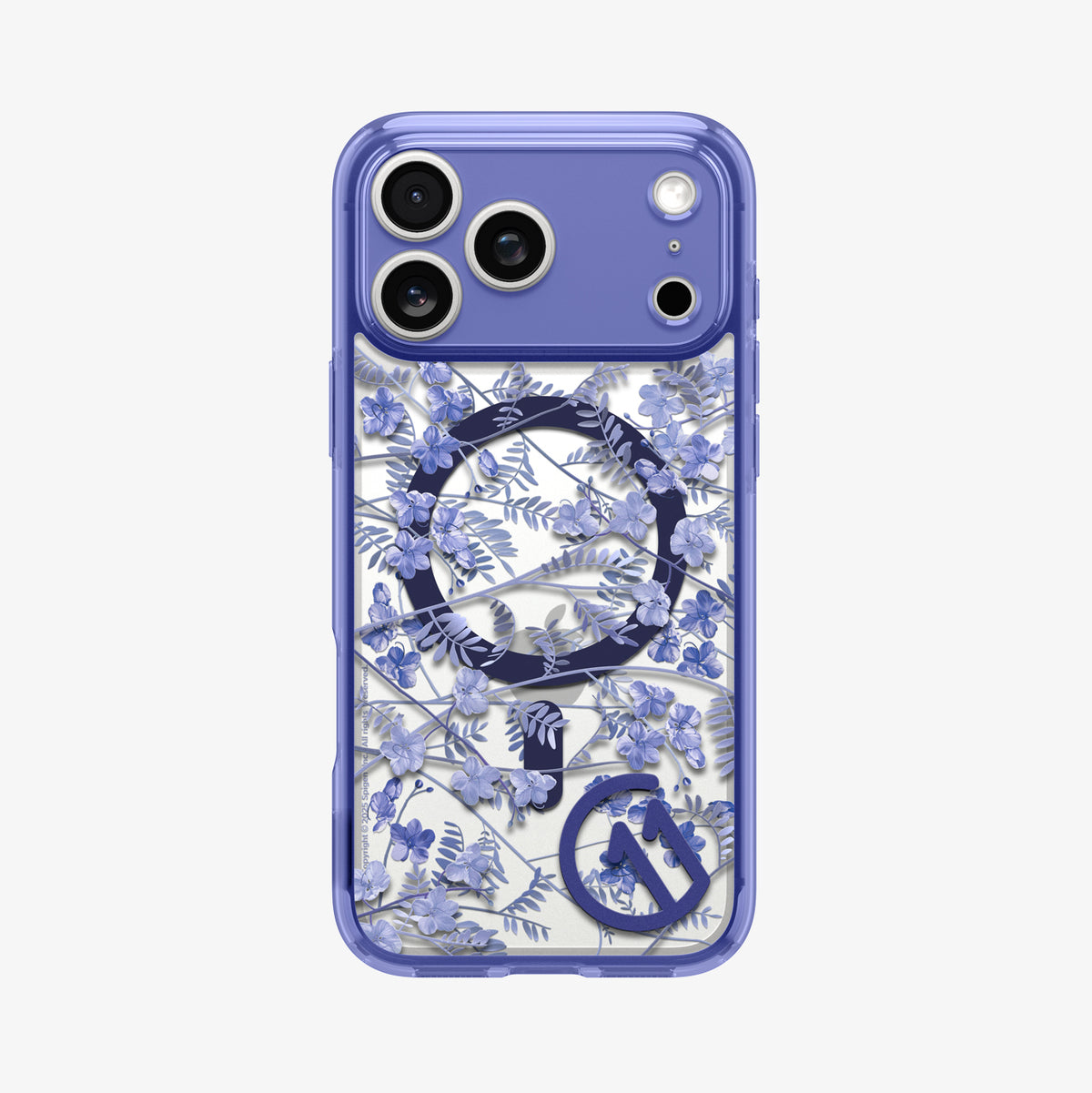 ACS11473 - Straight-on back view of Spigen C11 Cobalt Spring MagSafe case for iPhone 17 Pro showing full cobalt blue botanical floral pattern