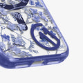 ACS11473 - Close-up of Spigen C11 Cobalt Spring case bottom corner showing detailed blue floral botanical print and MagSafe ring