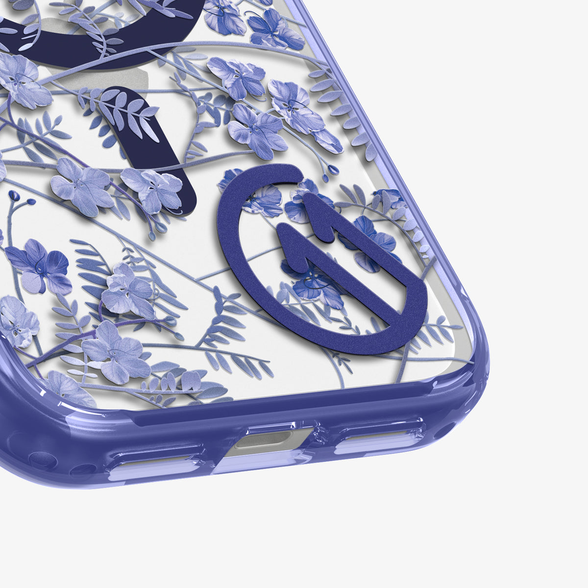 ACS11473 - Close-up of Spigen C11 Cobalt Spring case bottom corner showing detailed blue floral botanical print and MagSafe ring