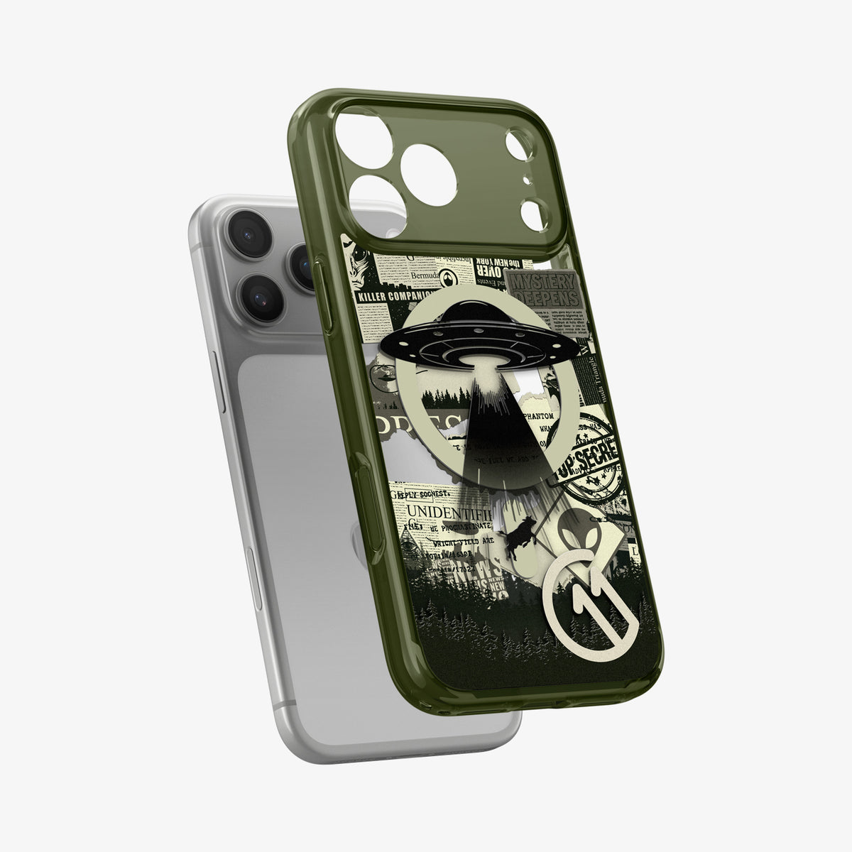 ACS12049 - Spigen Phantom C11 olive green iPhone 17 Pro Max case with UFO collage design shown off iPhone