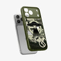 ACS12050 - Spigen Phantom C11 olive green iPhone 17 Pro case with UFO collage design shown off iPhone