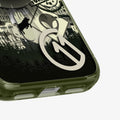 ACS12049 - Close-up of Spigen Phantom C11 case bottom corner showing alien and forest graphic detail and logo