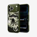 ACS12050 - Spigen Phantom C11 olive green iPhone 17 Pro case showing back and front view with lock screen visible