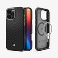 ACS08017 - iPhone 16 Pro Max Case Enzo Aramid in Black Silver showing the back, partial side and front, metal ring plate detached, hovering in front of the case showing inner side