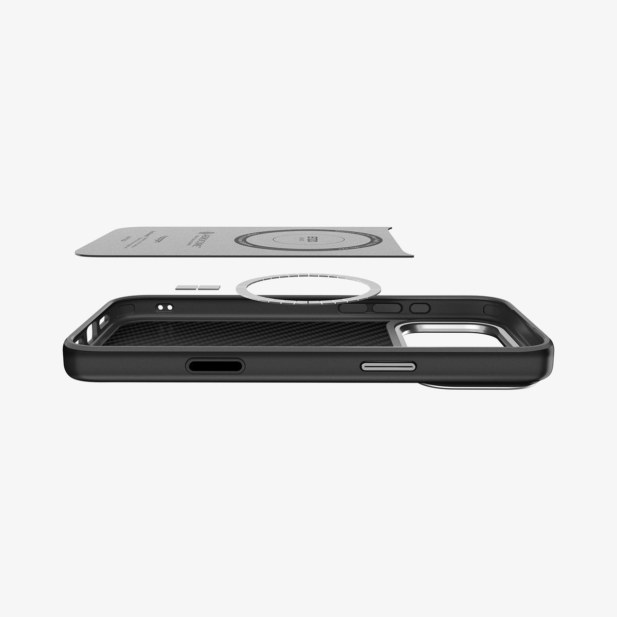 ACS09905 - iPhone 18 Pro Max / iPhone 17 Pro Max Enzo Aramid T (Mag Fit) Black Silver showing an exploded view of the case layers with an integrated magnetic ring