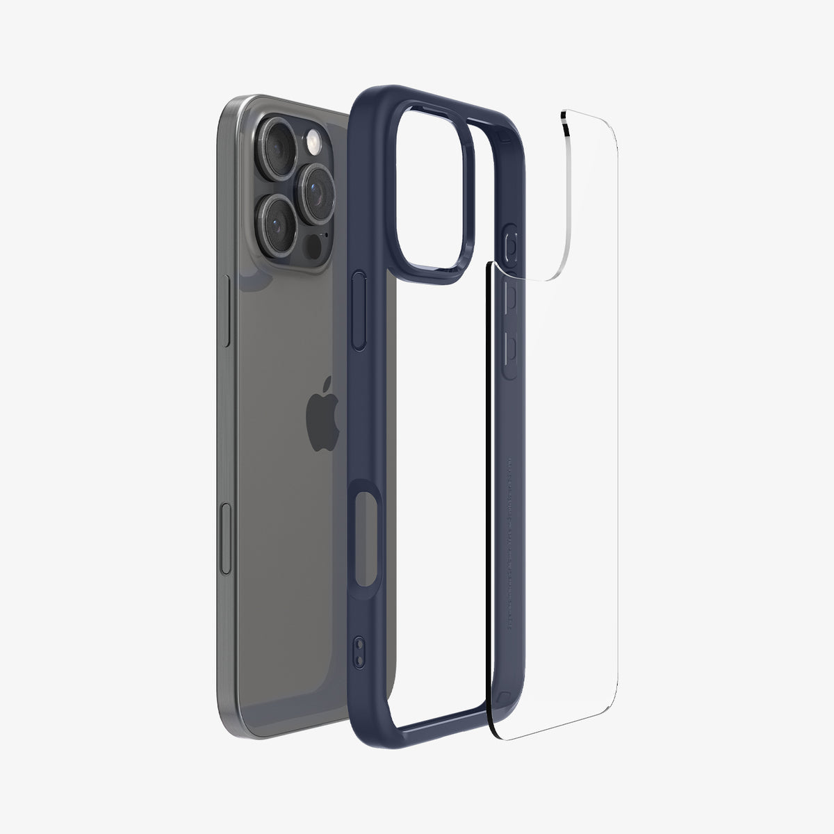 ACS08126 - iPhone 16 Pro Case Ultra Hybrid in Navy Blue showing the back, detached from the frame of the case aligned with the device