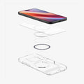 ACS08009 - iPhone 16 Pro Max Case Ultra Hybrid S (MagFit) in Crystal Clear showing the device hovering above detached part of the back cover, magnet ring plate and back cover showing inner side