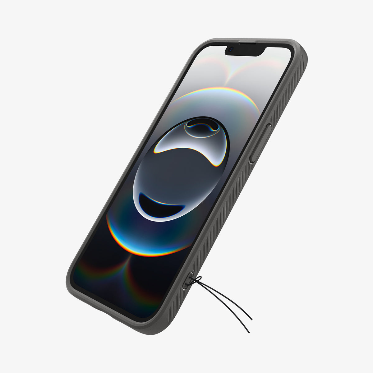 ACS09532 - iPhone 16e Case Liquid Air in Marble Gray showing the front, partial side and bottom with keychain strap attached