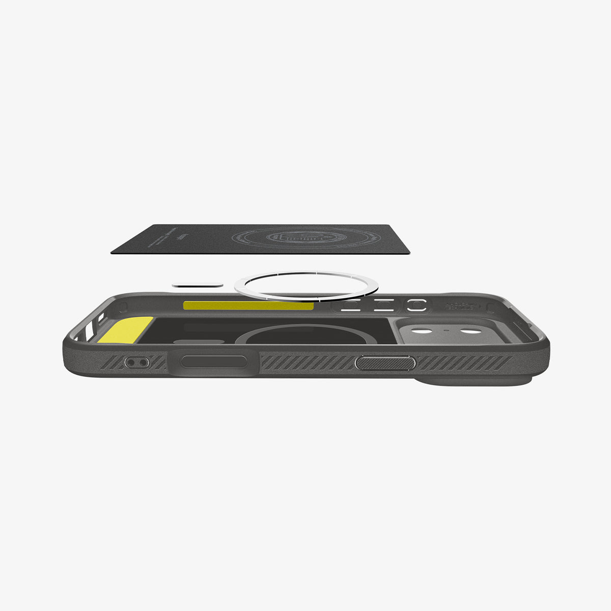 ACS09941 - iPhone 17 Pro Rugged Armor (MagFit) in Gray showing the detached inner soft layer cover hovering above the detached metal ring plate and the inner of the case