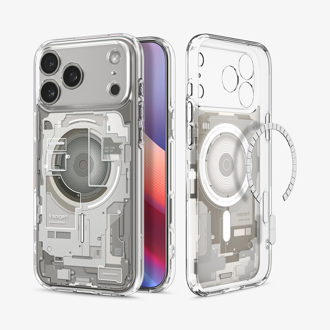 ACS10041 -  iPhone 18 Pro Max / iPhone 17 Pro Max Ultra Hybrid Zero One (MagFit) Natural Titanium showing front and back angled views with transparent protection and a teardown-inspired design